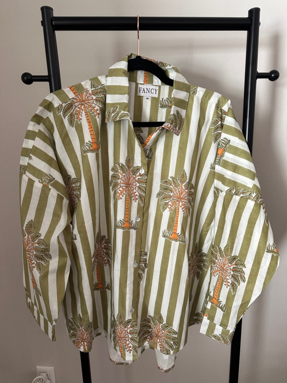 FANCY Olive & White Striped Palm-Print Button-Down Shirt Set